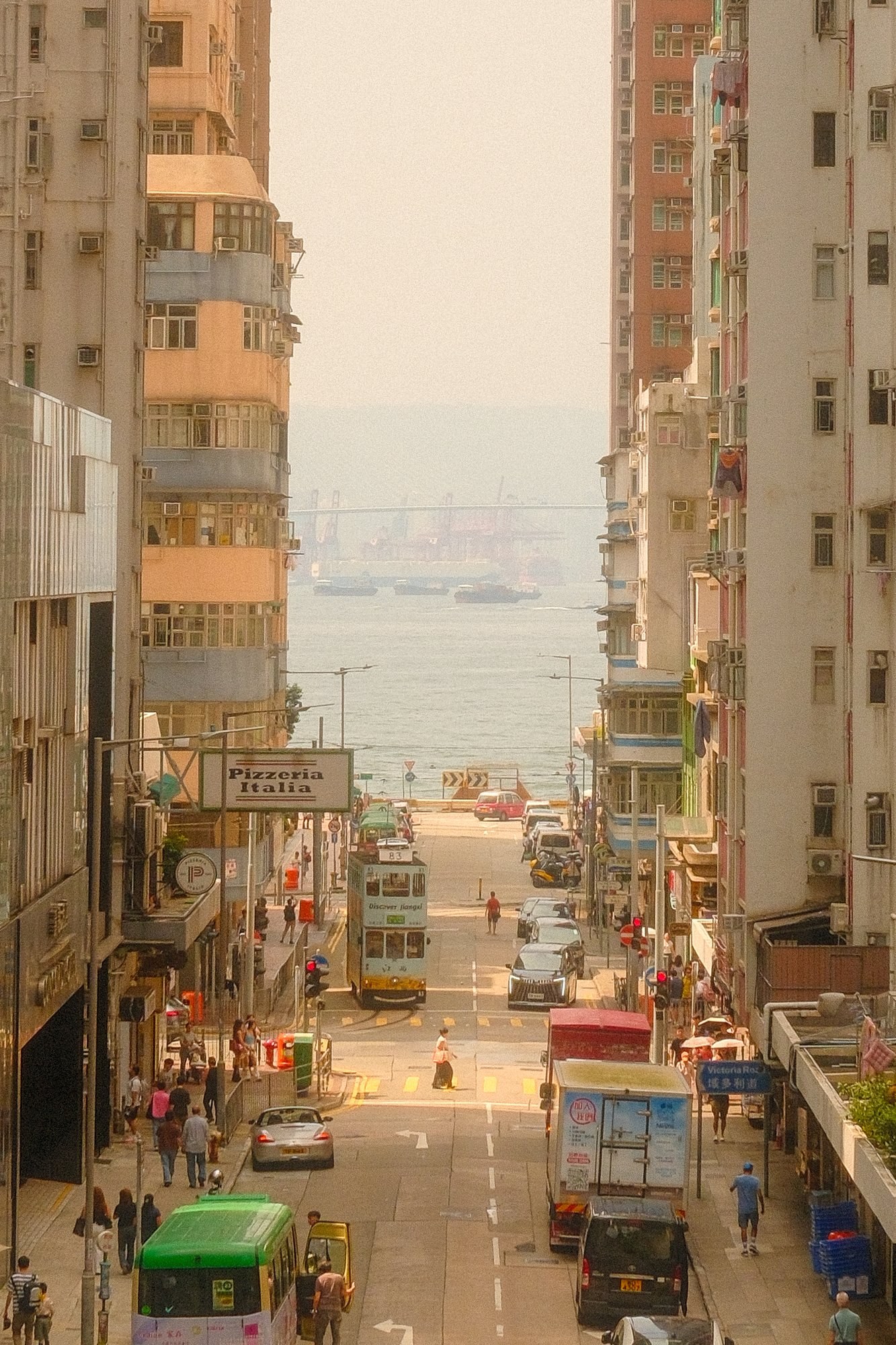 Hong Kong street sloping down toward the harbour